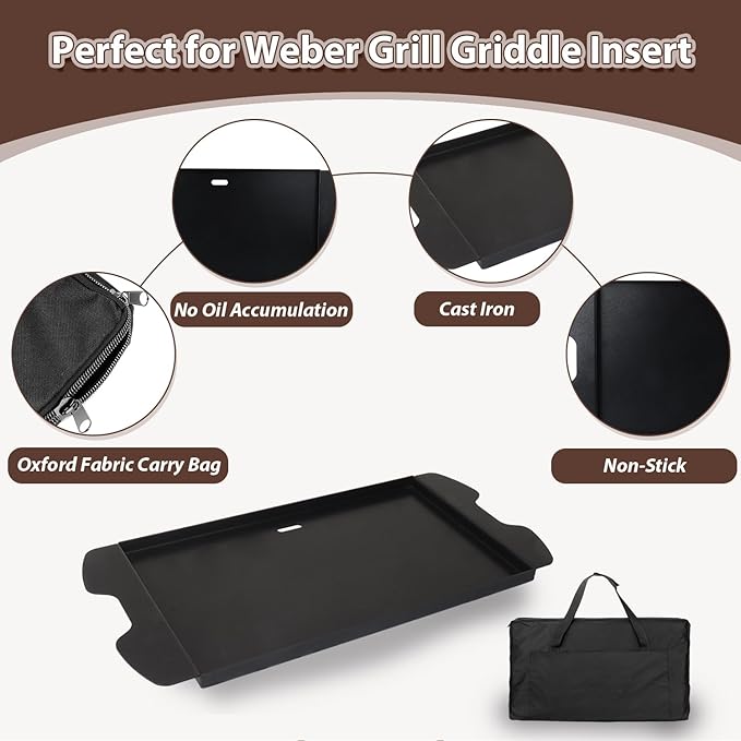 7034 Cast Iron Griddle Plate with Carry Bag for Weber Traveler Grills 9010001 9020001，Upgrade Flat Top Griddle Replacement Part for 9030001 9013001 9011701 Weber Traveler Portable Gas Grills,Black