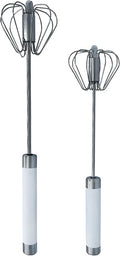 Stainless Steel Push Whisk - Easy to Use Manual Hand Mixer & Plunger Whisk - Make Froth, Foam & Whipped Cream - Semi Auto Egg Beater Plastic Tip Won’t Scratch Pans (2 Pack 10in & 12in) WHITE