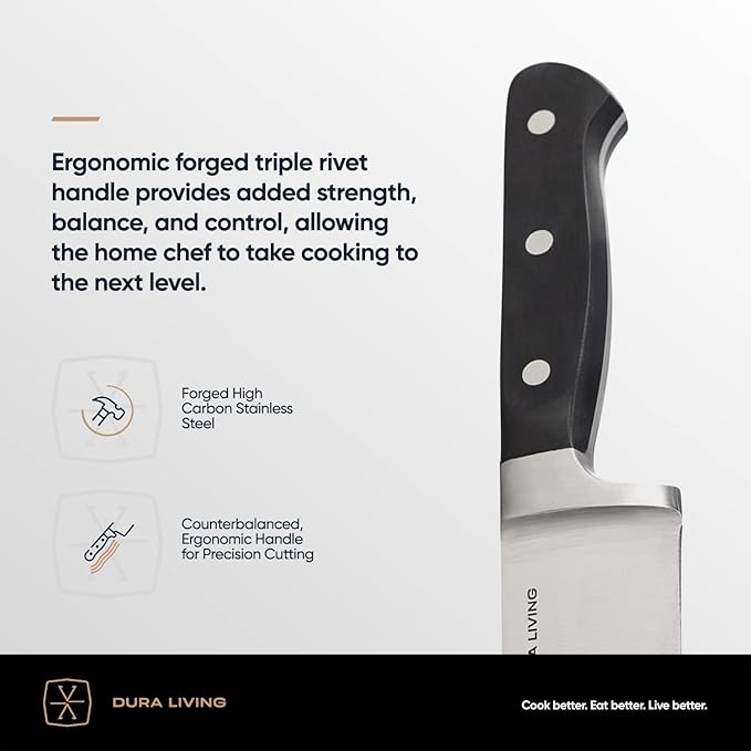 DURA LIVING 3-Piece Kitchen Knife Set – Ultra-Sharp Forged High Carbon Stainless Steel, Includes 8" Chef, 5" Utility, 3.5" Paring Knives, Ergonomic Handles, Professional Starter Set, Black