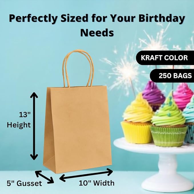 ASSUREPAK Earth Friendly Paper Bags - 60LB - 10"x5"x13" - 250 Bags - 90 GSM - Kraft/Natural - Gift Bags for Decorating, Birthdays & Events