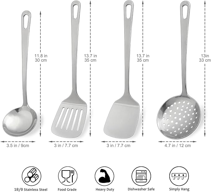 4pcs Cooking Utensils Set - Stainless Steel Kitchen Utensils, Heavy Duty Metal Kitchen Tools with Stainless Steel Spatula Solid & Slotted Turner, Ladle, Skimmer, Dishwasher Safe Easy to Clean