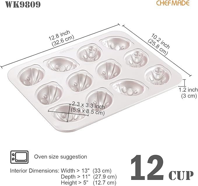 CHEFMADE Beetle Cake Pan, 12-Cavity Non-Stick Animal Muffin Bakeware for Oven Baking (Champagne Gold)