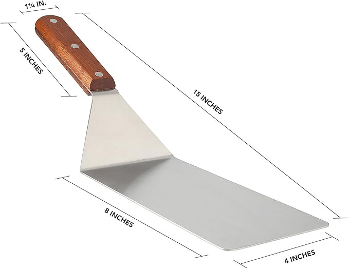 8” Extra-Large Sturdy Stainless Steel Spatula Hamburger Turner with Strong Wooden Handle – Professional Commercial Food Flipper Scraper for Grilling Cooking, Baking for Your Flat Top Restaurants
