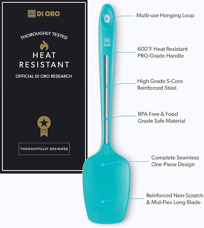 DI ORO Silicone Spoon Spatula - Forever Warranty - 600°F Heat-Resistant Large Silicone Spoonula Scraper - BPA Free Nonstick Cookware Safe Rubber Kitchen Utensil for Baking, Cooking, & Mixing (Teal)