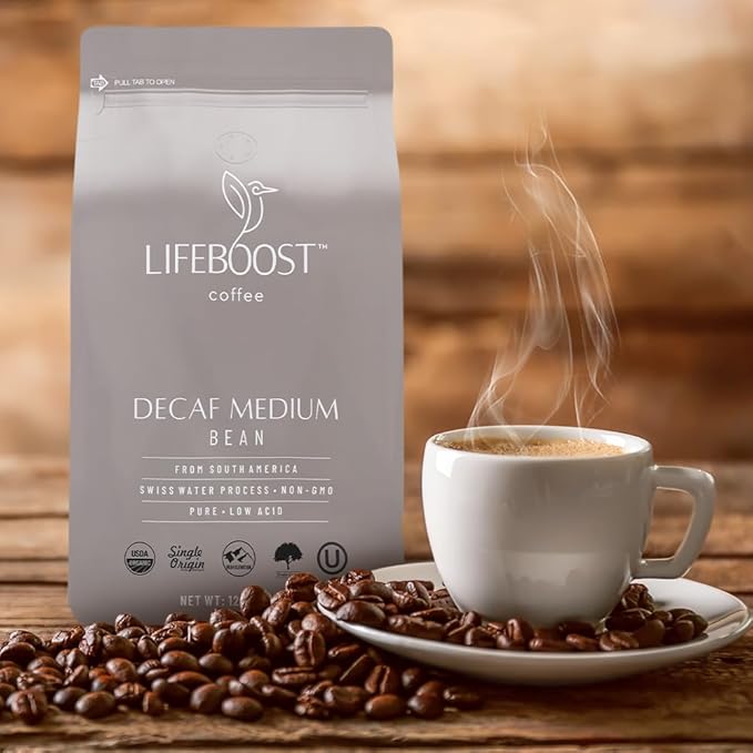 Lifeboost Medium Roast Decaf Coffee Beans – Organic Low Acid Swiss Water Decaf – Whole Bean Coffee – Third Party Tested for Mycotoxins & Pesticides – Chemical Free – 12 oz