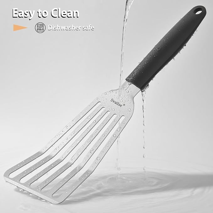 Fish Spatula Stainless Steel, Metal Spatula for Cast Iron Skillet, Slotted Turner with Silicone Handle for Cooking, Grilling, Flipping, Egg, Cookie, Pancake and Burger (Large, 13.5 Inch)