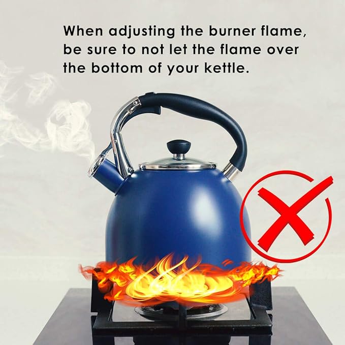 Rorence Stainless Steel Tea Kettle: 2.6 Quart Whistling Kettle with Capsule Bottom & Heat-resistant Glass Lid – Navy Blue