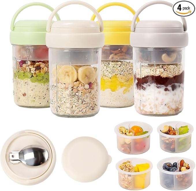 4 Pack Overnight Oats Containers with Lids and Handles, Folding Spoons & Divided Compartments for Fruit & Nuts, 16oz Glass Mason Jars for Oatmeal, Meal Prep & Breakfast (Blue/Green/Yellow/Green)
