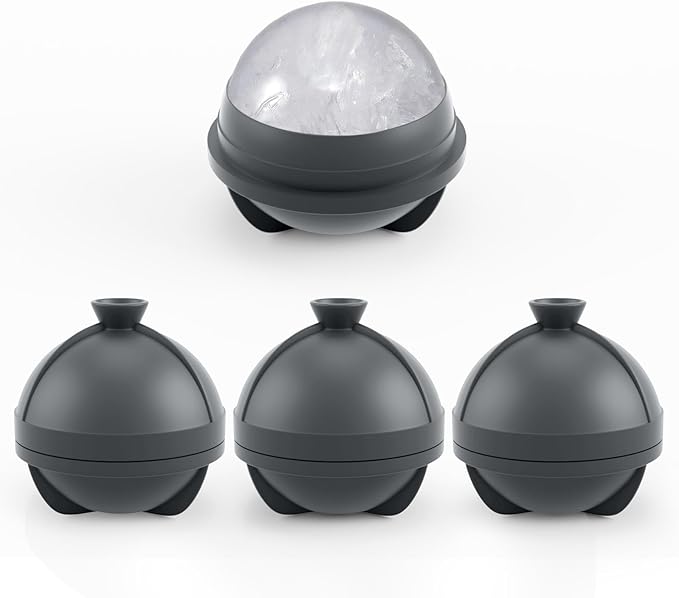 Samuelworld Large Ice Ball Maker with Lid, 4 x 2.5 Inch Round Silicone Ice Ball Mold, BPA Free, Easy To Fill Round Silicone Ice Tray, Craft Ice Maker for Whiskey, Cocktails, Gifting - Grey