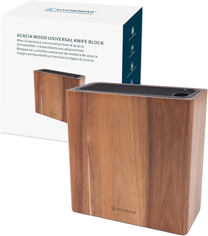 KITCHENDAO XL Acacia Wood Universal Knife Block with Slots for Scissors and Sharpening Rod, Safe, Space Saver Knives Storage Stand Display without Knives, Unique Slot Design to Protect Blade