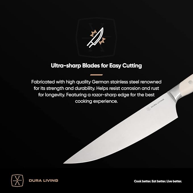 DURA LIVING 3-Piece Kitchen Knife Set – Ultra-Sharp German Stainless Steel, 8” Chef, 5” Utility, and 3.5” Paring Knives with Ergonomic Handles, Multipurpose Kitchen Knife Set, Clear
