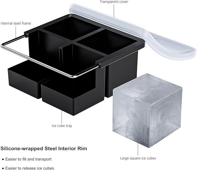 Bangp Large Ice Cube Tray for Whiskey,Silicone Ice Cube Trays 2 Pack,Large Ice Cube Molds with Leak Proof Removable Lid,Square Ice Cube Tray for Whisky and Cocktail