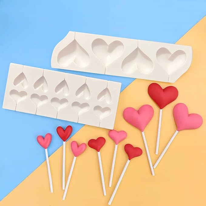 2 Pcs Heart Fondant Molds, Heart Shaped Lollipop Kitchen Baking Silicone Molds for Valentine's Day Cake Decorating, Candy Chocolate, Cookies, Marzipan, Clay, Epoxy, Butter, jelly
