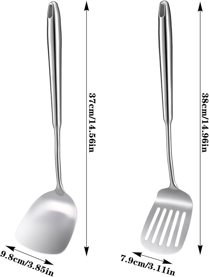 2 Pack 18/10 Stainless Steel Spatula Set 15” L Metal Spatulas for Kitchen Use, Silver Slotted Turner Solid Turner Kitchen Cooking Utensils Set, Heat Resistant Dishwasher Safe Easy to Clean