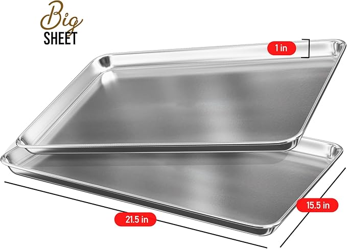 JoyTable Aluminum Baking Sheet Set, 2 Pack Large Sheet Pan, Commercial Quality Cookie Sheets for Baking or Roasting Non-Stick, 21 x 15 Inch Warp Resistant Aluminum Baking Pan