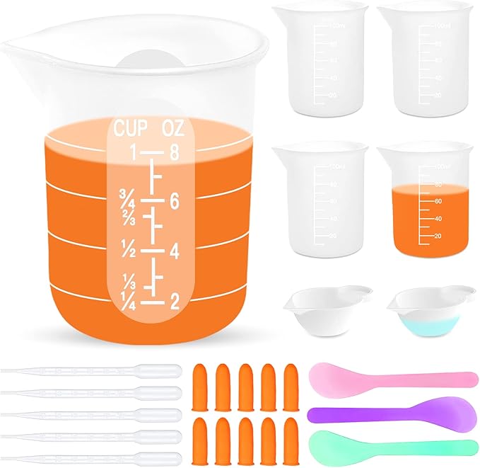 Silicone Resin Measuring Cups Tool Kit, Non-Stick Silicone Cups for Epoxy Resin, Reusable 250&100ml Silicone Mixing Cups with Stir Sticks, Pipettes, Epoxy Resin Supplies, Molds, Jewelry Making