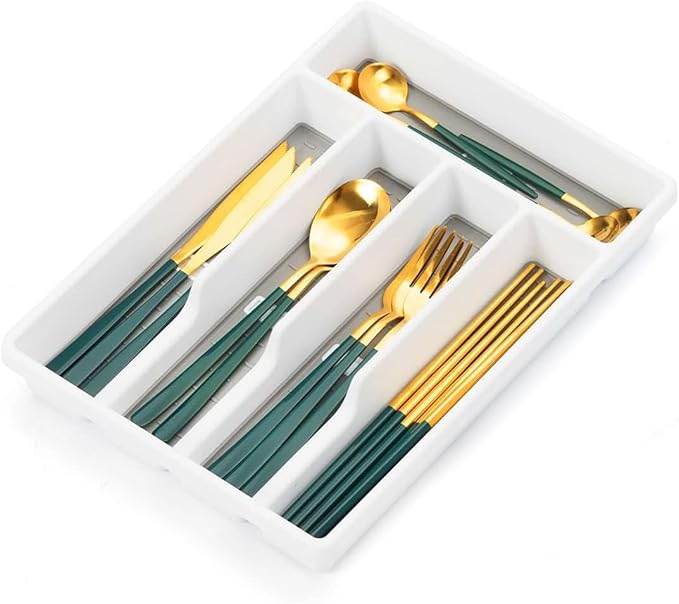 Cutesun Silverware Drawer Organizer Tray, Desktop Plastic Drawer Storage, Cutlery Storage for Kitchen Drawer, Flatware and Utensil Holder Divider for Spoons Forks Knives Tableware, 5 Compartment, Gray