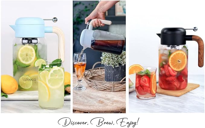 LAFEECA Iced Tea Maker and Infuser - Large Jug with Airtight Lid for Cold Brew - Stainless Dual Ultra Filter - Tritan Pitcher - 2000 ml / 68 oz - Dune