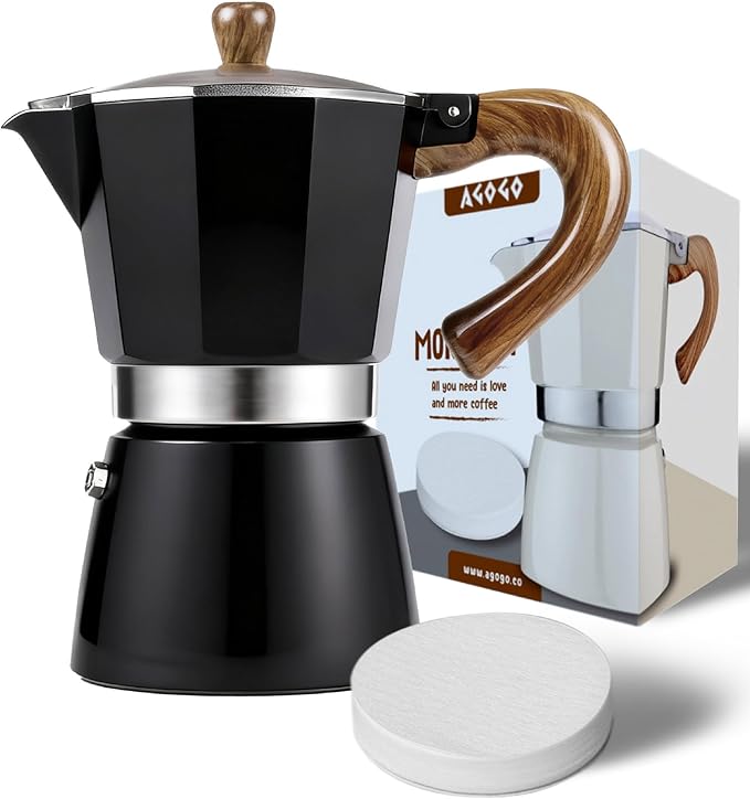 AGOGO Milano Moka Pot, Stovetop Espresso Maker, Greca, Coffee Percolator, Turkish Coffee Maker with Paper Filter 6 Cup Black