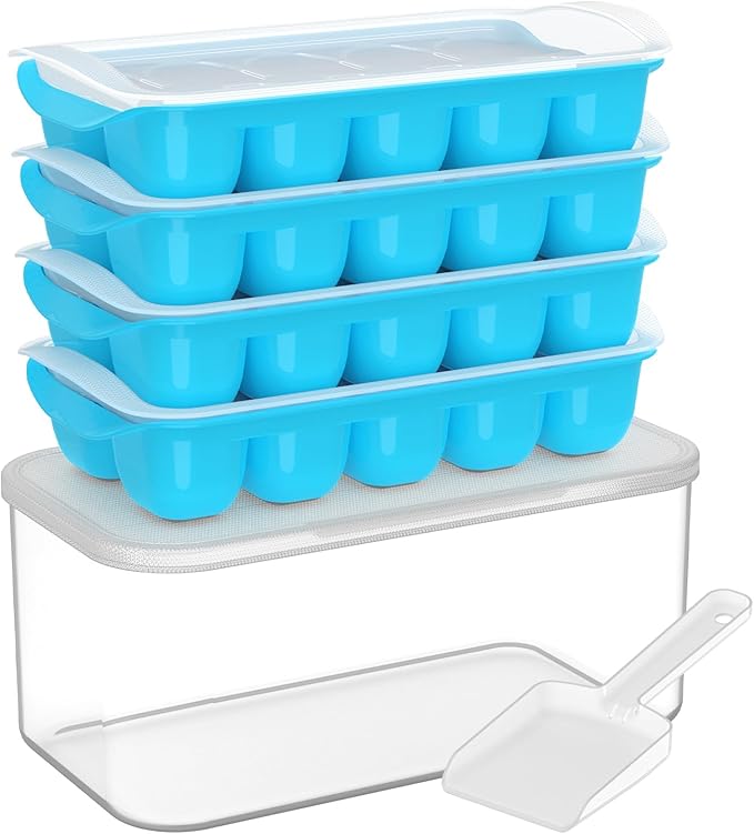 DOQAUS Ice Cube Tray with Lid and Bin, 4 Pack Easy Pop Out Silicone Ices Cubes Trays for Freezer with Cover, Stackable Compact Ice Bucket Kits, for Soup, Food, Cocktail, Coffee