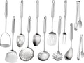 304 Stainless Steel Kitchen Utensils Set, 12 Pcs Long Metal Utensils Set with Potato Masher, Spoon, Ladle, Skimmer, Turner, Pasta Server, Tongs etc(Dishwasher Safe)