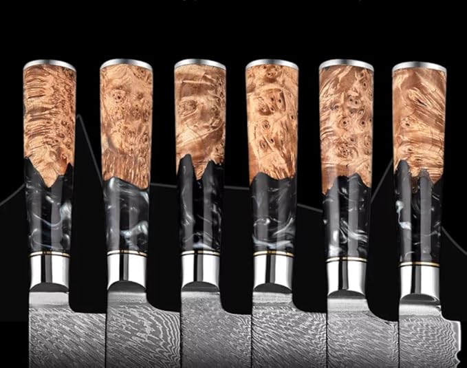 Epicurean Cook Tidal Collection 8 PCS Damascus Knife Set Japanese Kitchen Knives with VG10 Steel Core Ultra-Sharp Professional Chef Knife Set with Elegant Box and Black Resin and Burl Wood Handles