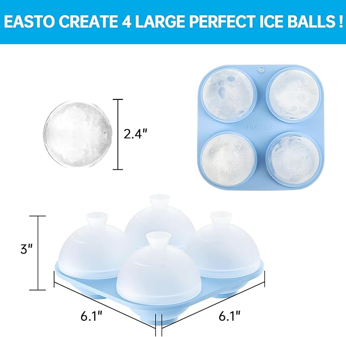 HONYAO Whiskey Ice Ball Mold, 4 x 2.4 Inch Large Ice Ball Maker Mold, Food Grade Silicone Round Ice Cube Mold - BPA Free, Easy to Fill & Release Sphere Ice Cube Tray for Cocktails Bourbon Rum - Blue