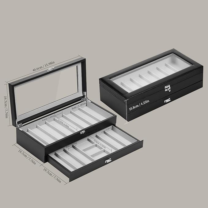 AUTOARK 2-Tier PU Leather & Velvet Knife Organizer with 17 Slots,Transparent Glass Top & Drawer,Compact Storage for Pocket Knives,Perfect for Men's Collections & Gifts,Black,MKAW015