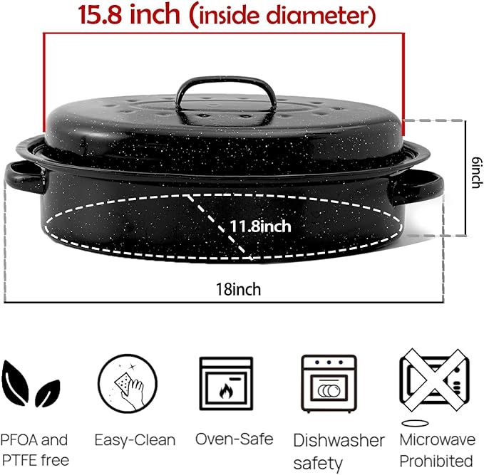 Turkey Roaster Pan 18in Roasting Pan With Lid Enamel Carbon Steel Roaster Pot with 16in Inner Diameter,18 pound large capacity Resistance up 900°F Oval Cookware
