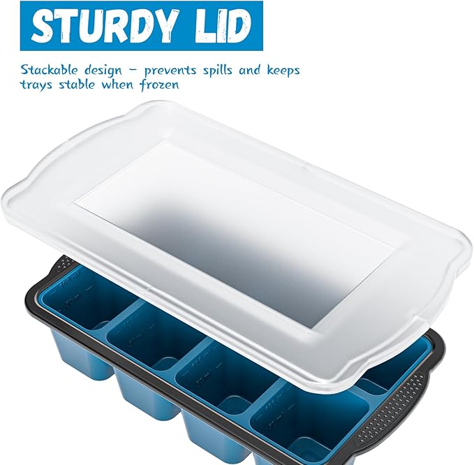 Ice Cube Tray For Freezer, 16 Large 1/2 Cub Cubes, Silicone Ice Trays For Freezer With Lid, Heavy-duty, Sturdy and Easy to Demold, Suitable for whisky, coffee, Herbs, Purees, 2-Pack