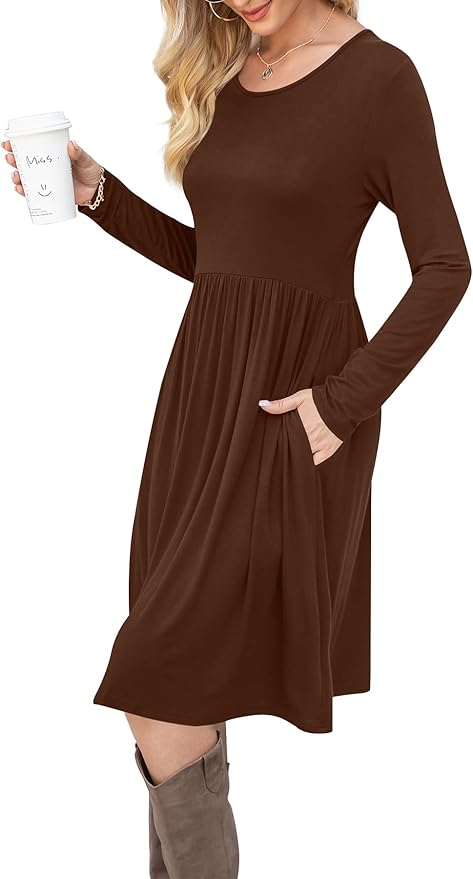 DB MOON Women Casual Long Sleeve Dresses Empire Waist Knee Length Loose Dress with Pockets