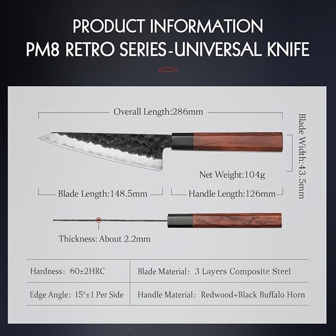 HEZHEN 5.8 inch Multi-purpose Knife,10Cr15CoMoV Steel Core,Triple-layer Composite Steel,Redwood Handle,Professional Kitchen Knife - Razor Sharp