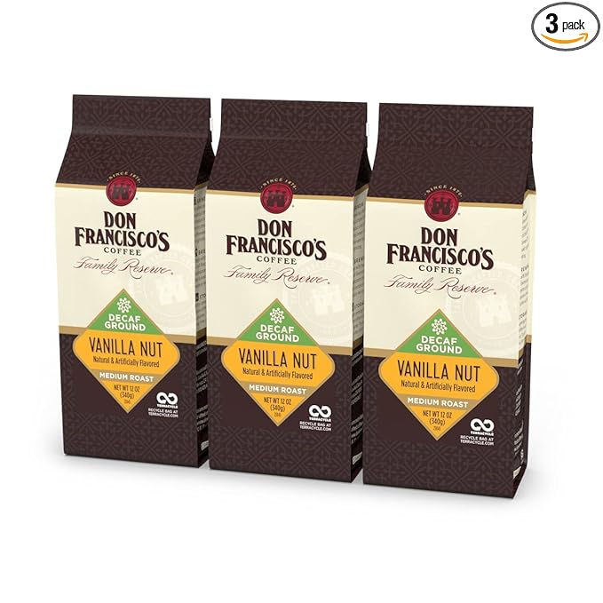 Don Francisco's Decaf Vanilla Nut Ground Coffee, Medium Roast – Flavored 100% Arabica, 3-Pack (12 oz Bags), Premium Coffee for Drip, Pour Over & French Press