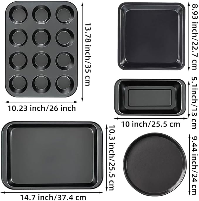 Nonstick Baking Pans Set for Oven, 5-Piece Bakeware Kit with Round & Square Cake Pan, Muffin Pan, Loaf Pan, Baking Sheets by QUDUME Kitchen Cookware Baking Supplies