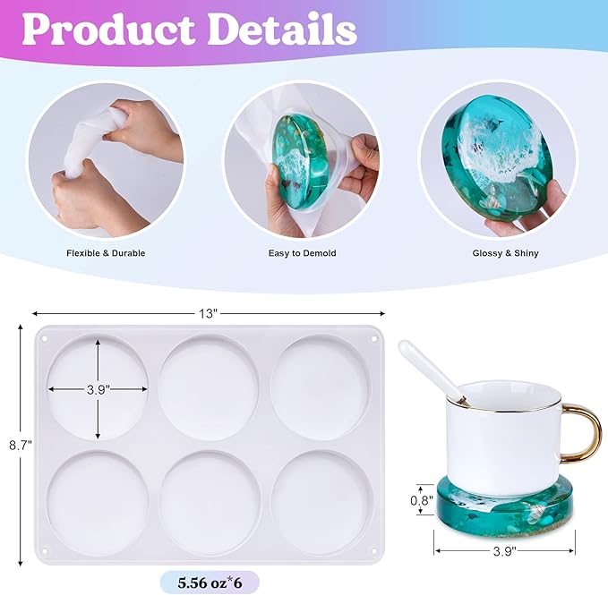 LET'S RESIN Extra Deep Resin Coaster Molds Silicone, 4 Inches Large 6 Cavity Silicone Molds for Resin, Round Epoxy Coaster Molds for Cups Mats, DIY Craft