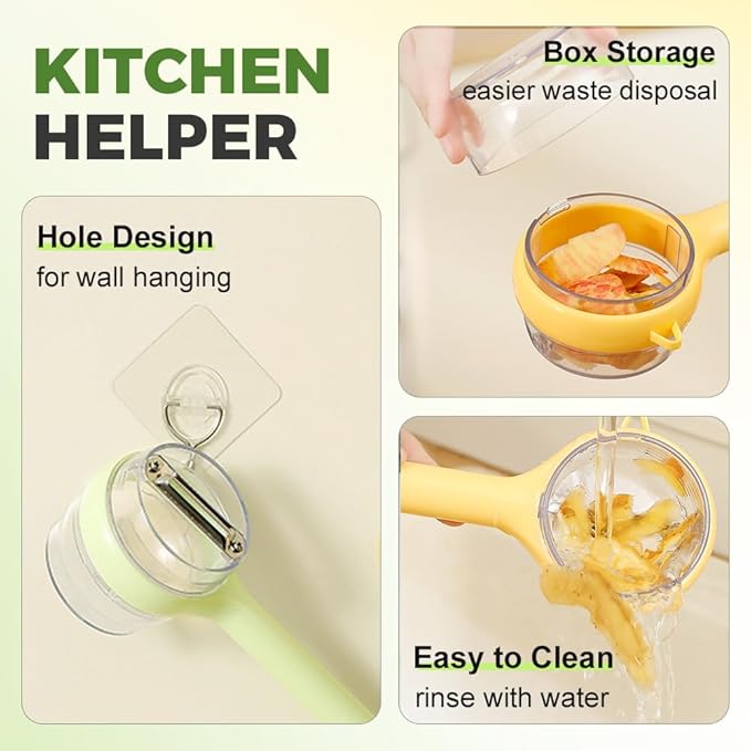 3 in 1 Peeler with Container, 2025 New Stainless Steel Peelers with Container with Handle Fruit Knife, Multifunctional Vegetable Peelers for Home Kitchen (Yellow and Green)