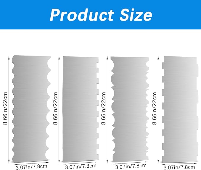 4 Pieces Stainless Steel Cake Scraper 10 Inch and Sided Patterned Edge Stripe Edge Smoother Scraper Cake Decorating Comb Cake Pastry Cutter for Mousse Butter Cream Cake Decoration