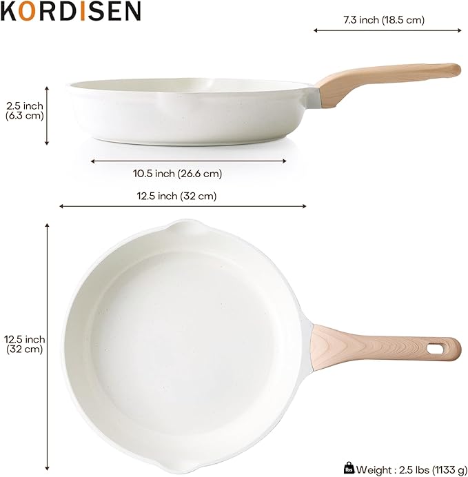 Kordisen Nonstick Ceramic Frying Pan, 12.5 Inch Ceramic Large Skillet, Healthy Non Toxic Cooking Pan, Stay-Cool Handle, Induction Compatible, PFOA & PFAS Free, White