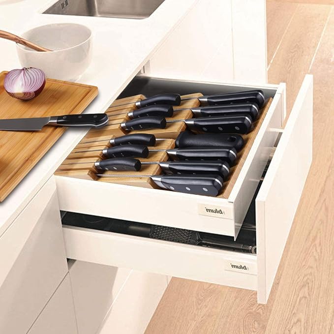 NIUXX Bamboo In-Drawer Knife Block Set for 12 Knives(Not Included), Large Kitchen Detachable Washable Cutlery Slot Organizer Storage Holder for Sharpening Steel and Cutter