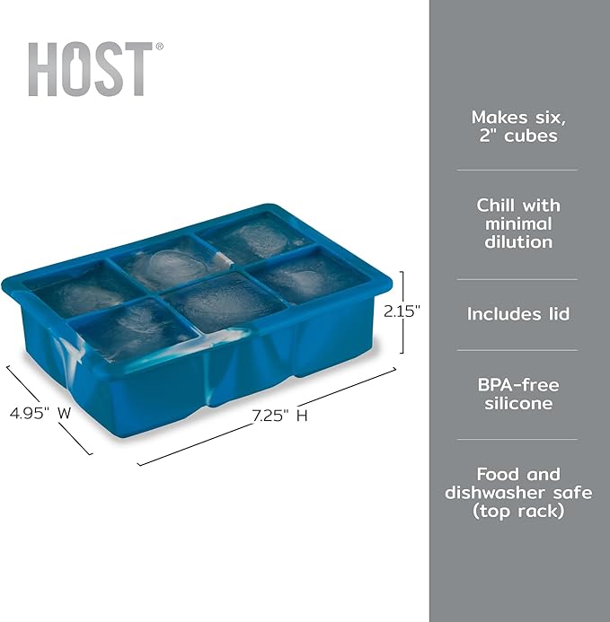 Host Ice Cube Tray with Lid, Makes 6 Large 2" Cubes, Durable Silicone Trays, Perfect for Cocktails, Beverages, Mocktails, Iced Coffee, Tea, Infused Water, Kitchen Essentials, Set of 1, Blue Marble