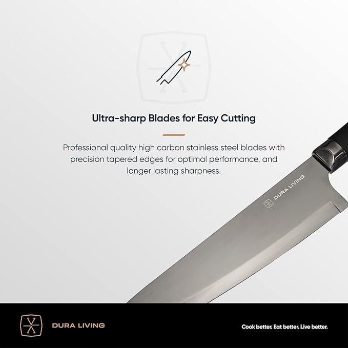 DURA LIVING Santoku Knife - 7 Inch Black Nonstick Titanium Plated Stainless Steel Ultra Sharp Blade, With Ergonomic Comfort Grip Handle Asian Chef's Knife, With Matching Sheath