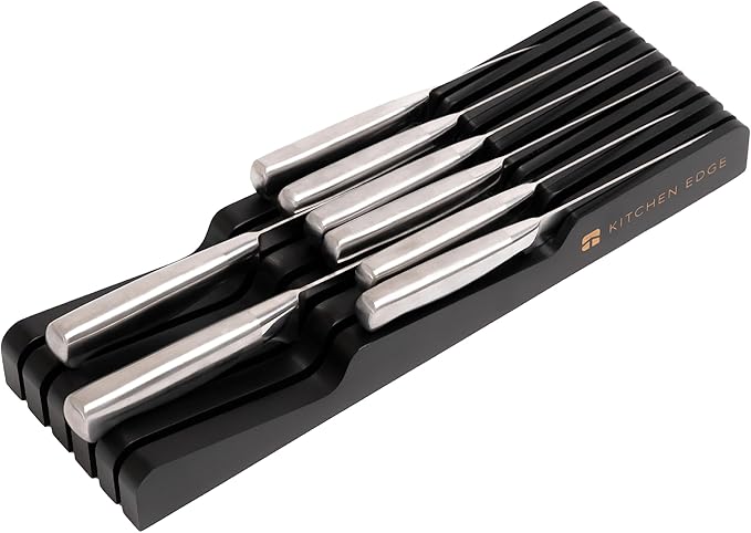 KitchenEdge Black Knife Drawer Organizer Insert - Knife Block Holder, Holds 5 Long + 6 Short Knives (Not Included), Fits Most Sizes, Non-Slip Feet, 100% Sustainable Bamboo, Food-Safe Black Finish
