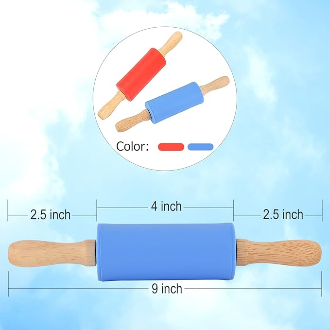 Mini Silicone Rolling Pin for Kids, Non-stick Surface Wood Handle, 9 Inch 2 Pack