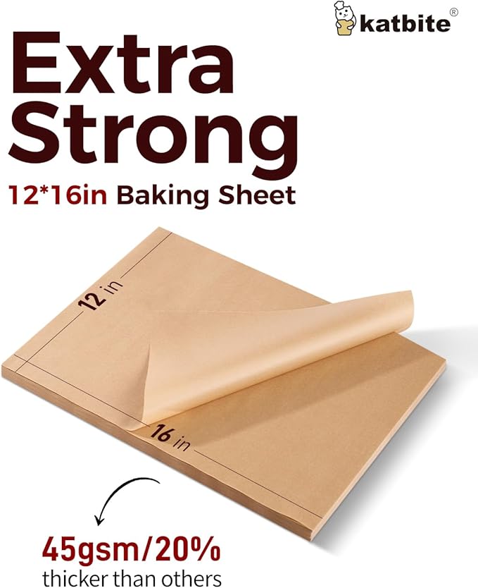 Katbite 200Pcs 12x16 In Unbleached Parchment Paper for Baking, Precut Parchment Paper Sheets, Heavy Duty Flat Baking Paper, Half Sheet Baking Sheets for Baking Cookies, Cooking, Air Fryer, Oven