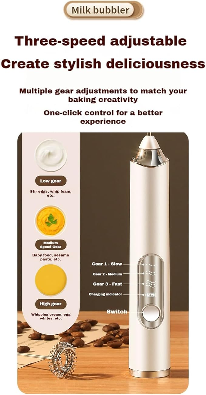 3-Speed USB Rechargeable Handheld Electric Milk Frother, Cordless Mini Whisk for Coffee, Egg Beater for Baking, Baby Food Blender with One-Touch Operation, Stable Stirring No Splash