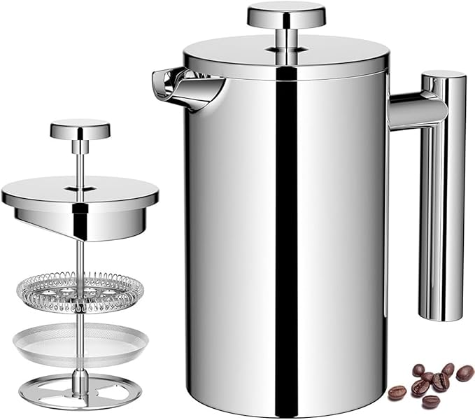 French Press Coffee Maker,Stainless Steel Double Wall Insulated Coffee Press 34 oz,4-8 Cups, Portable Hot Cold Brew Teapot Cafetera for Coffee Bar Accessories Kitchen Camping (silver,34oz)