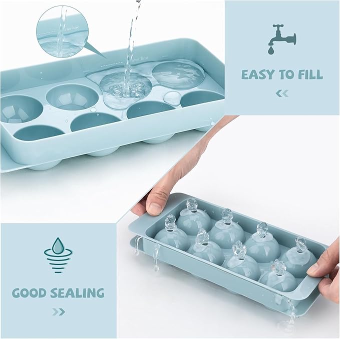 Round Ice Cube Mold,2 x 8 PCS x 1.8'' Whiskey Ice Cubes,Circle Ice Cube Tray with Lid and Bin,Sphere Ice Ball Maker Mold,Large Ice Cube Molds for Cocktails,Coffee(Whiskey Ice Cubes Mold,Blue)