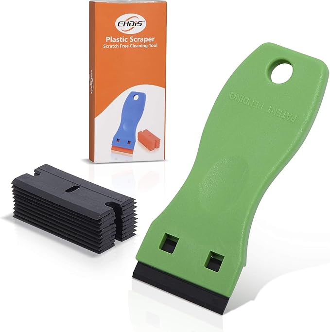 EHDIS 1.5" Plastic Razor Scraper with 10pcs Double Edged Plastic Blades for Removing Labels Stickers Decals on Glass Windows (Green)