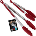 GORILLA GRIP Stainless Steel Heat Resistant Kitchen Tongs for Cooking, Set of 2 BBQ Tong, Non Scratch Silicone Tip for Pans, Strong Grip, Grab Food, Toss Salad, Air Fryer, Pull Lock, 7 + 9 Inch, Red