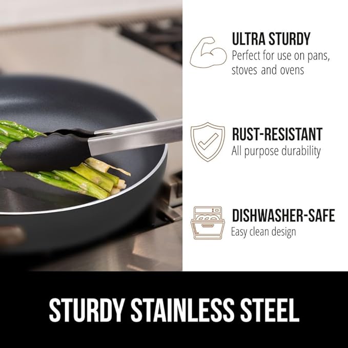 GORILLA GRIP Stainless Steel Heat Resistant Kitchen Tongs for Cooking, 7 + 9 + 12 Inch Set of 3 BBQ Tong, Non Scratch Silicone Tip for Pans, Strong Grip, Grab Food, Salad, Pull Lock, Black Gray Blue